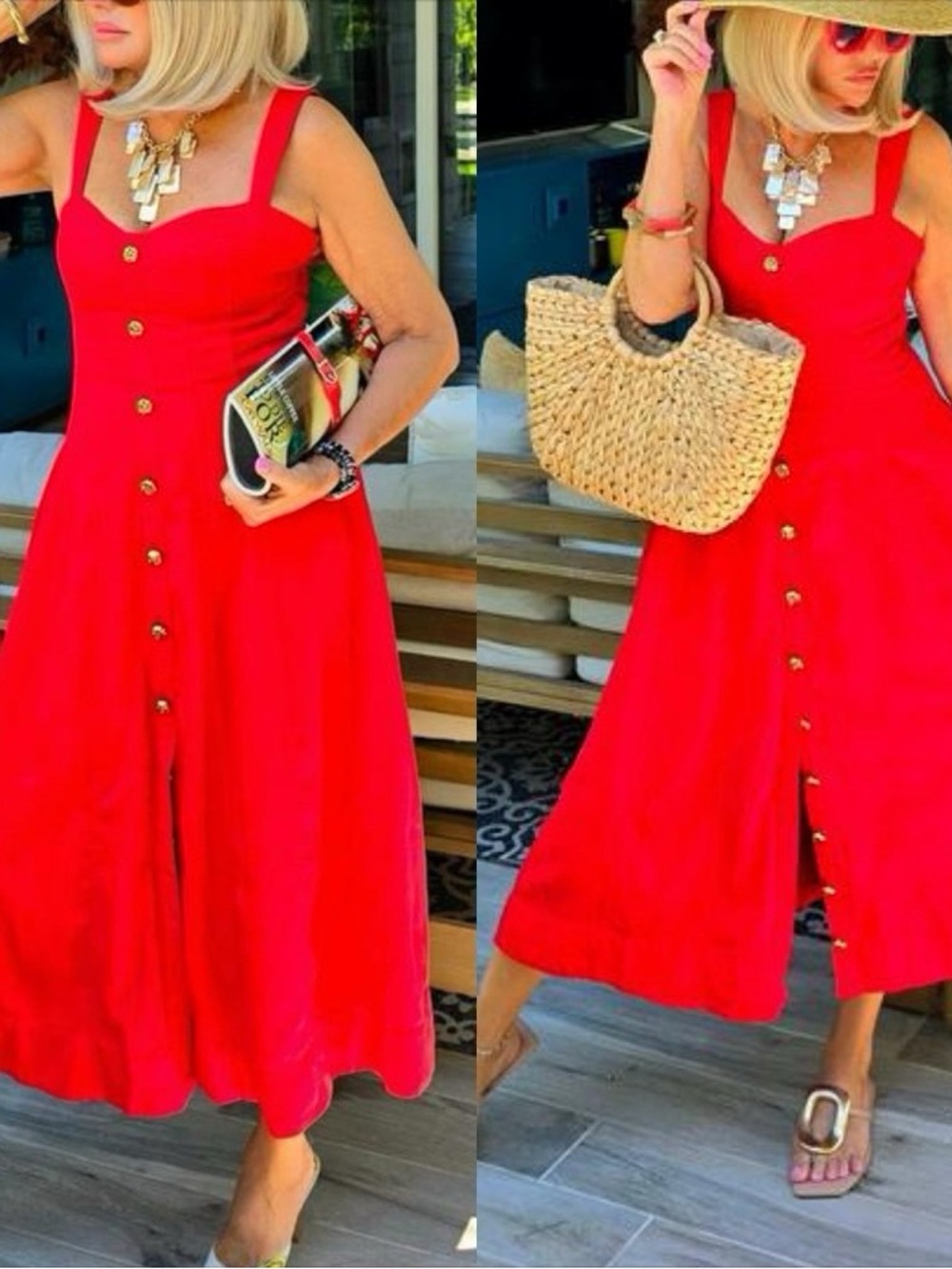 AQUA x Liat Baruch Button Front Midi Dress in red.